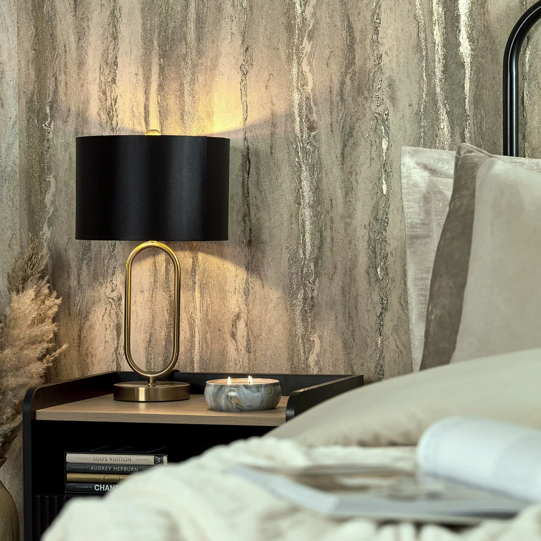 Zeus Metallic Wallpaper in Warm Grey and Sand and Metallic Gold - Image 3