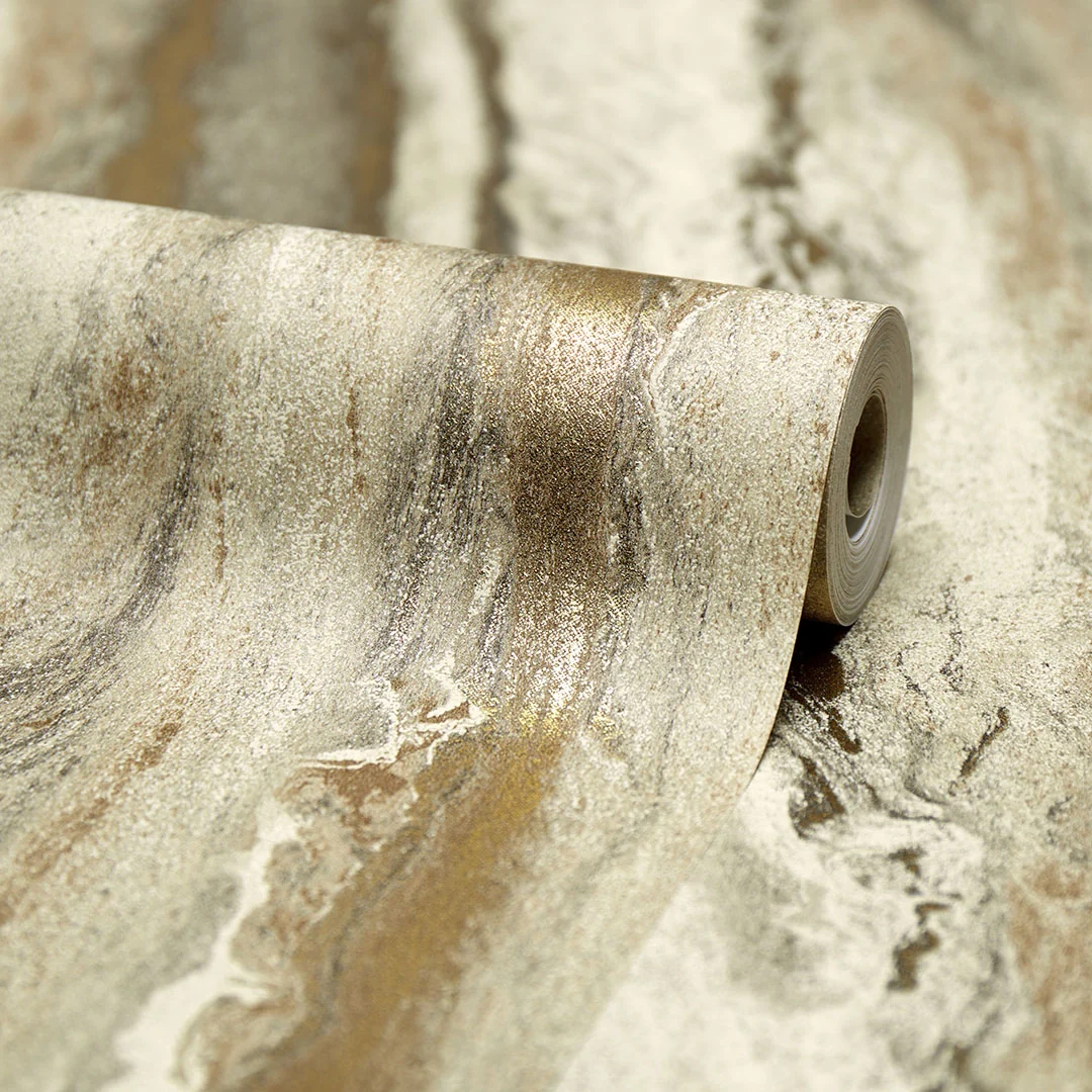 Zeus Metallic Wallpaper in Warm Grey and Sand and Metallic Gold - Image 4