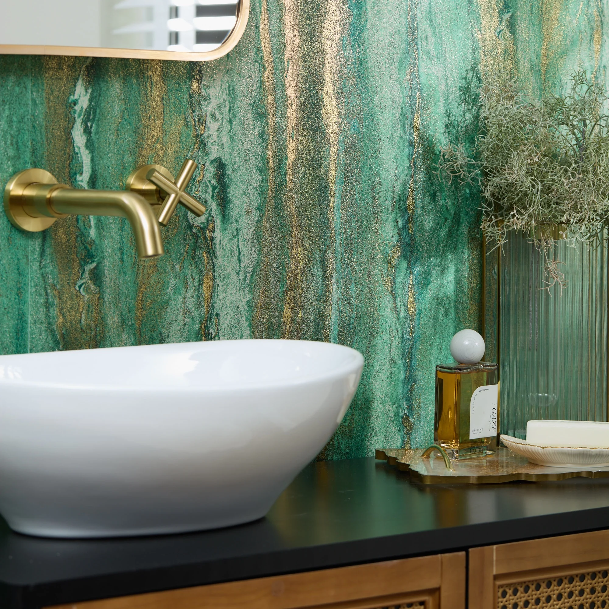 Zurich Metallic Wallpaper in Emerald and Metallic Gold - Image 3