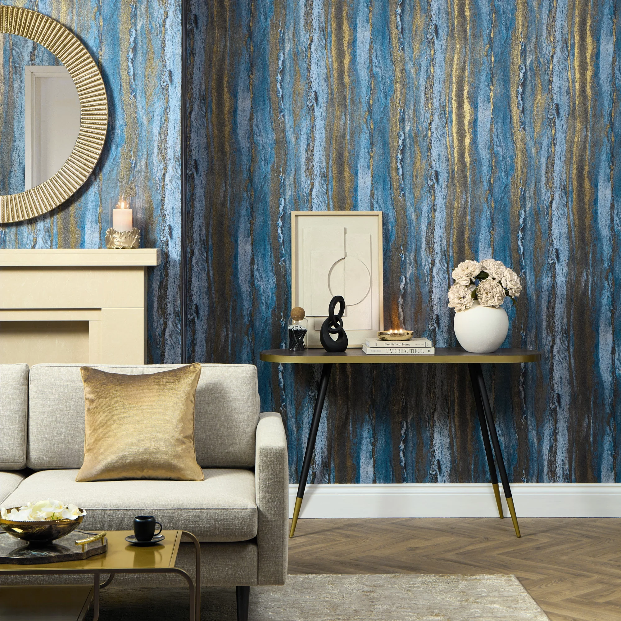 Zurich Metallic Wallpaper in Sapphire and Metallic Gold - Image 2