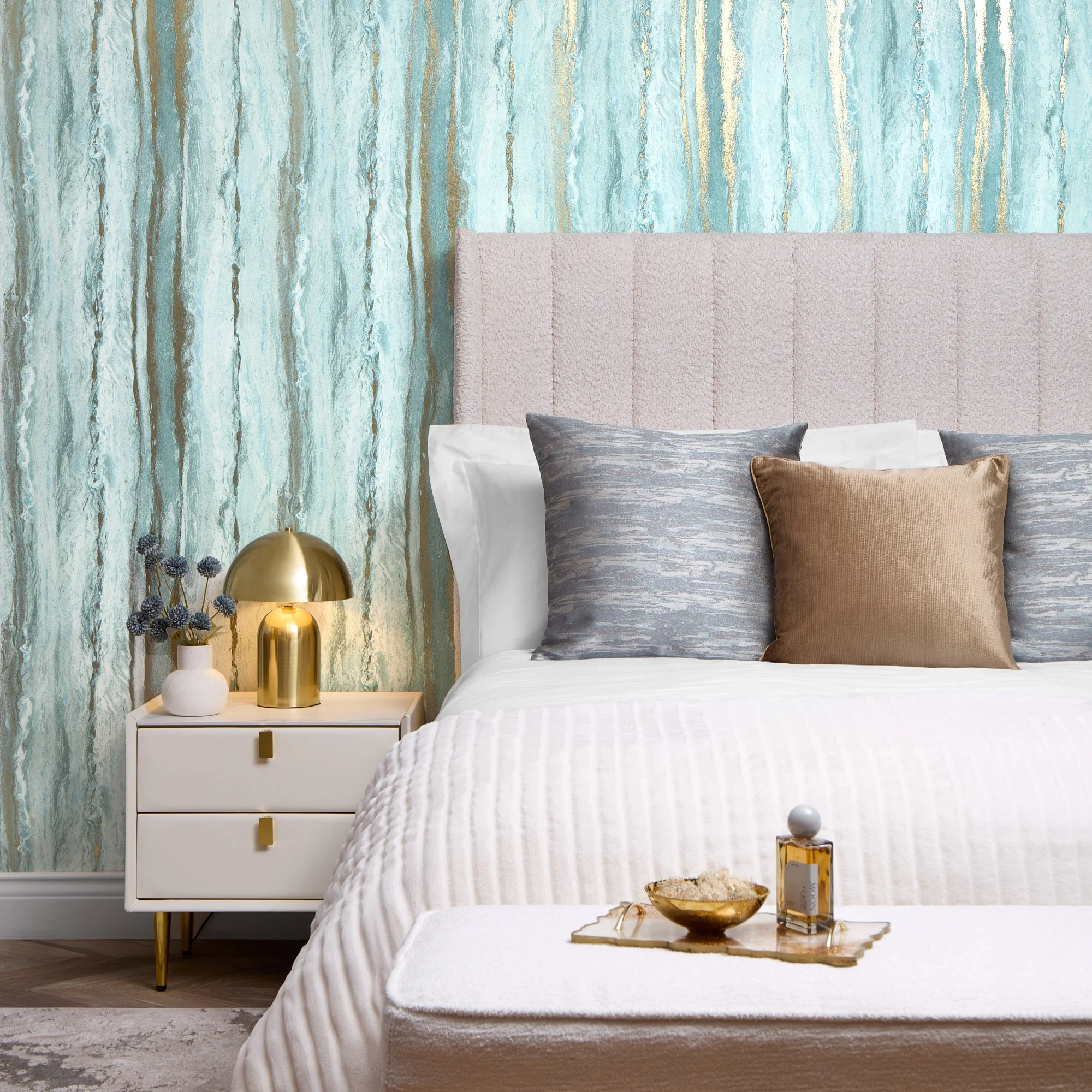 Zurich Metallic Wallpaper in Turquoise and Metallic Gold - Image 2
