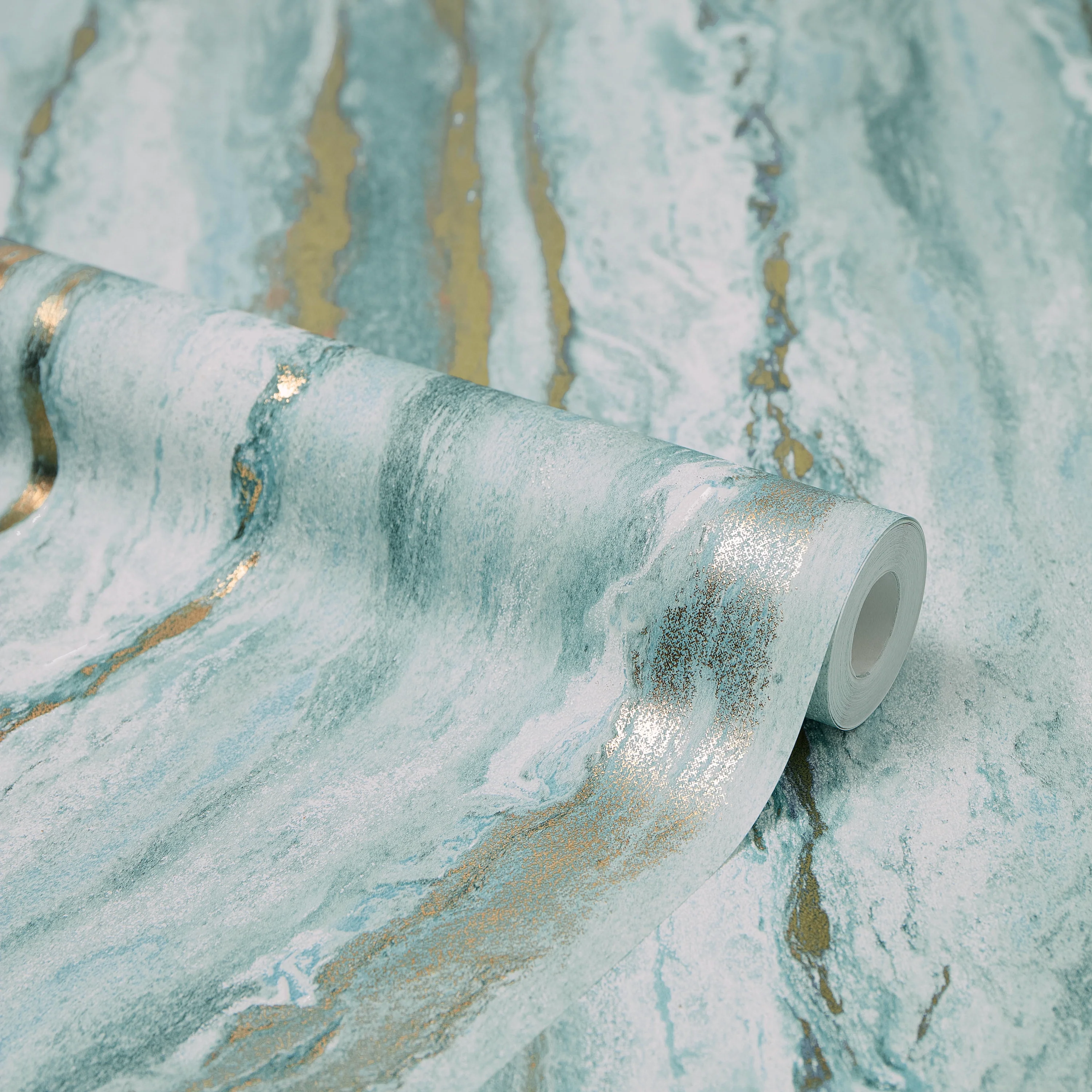 Zurich Metallic Wallpaper in Turquoise and Metallic Gold - Image 4